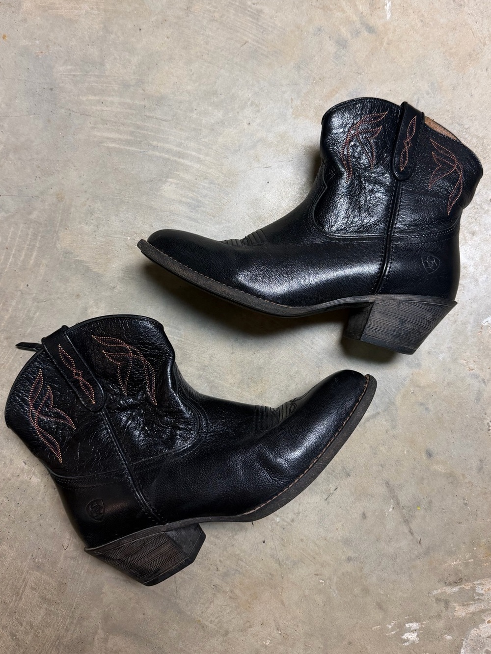Ariat Black Leather Short Western Booties with Brown Stitching